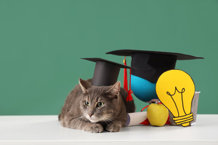 Cute cat with graduation hat, light bulb and apple on table against green background. End of school yearの写真素材