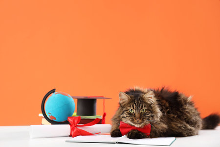 Cute cat with notebook, diploma and globe on table against orange background. End of school yearの写真素材