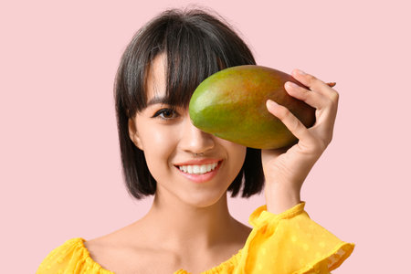 Beautiful young woman with ripe mango on pink backgroundの写真素材