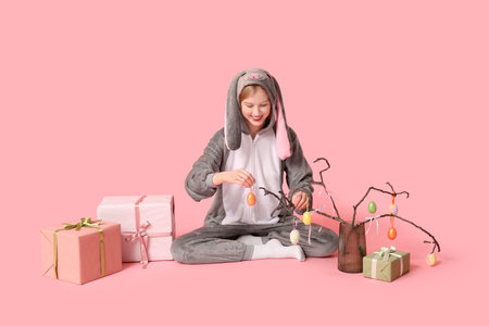 Beautiful young happy woman in bunny costume with gift boxes and decorations on pink background....