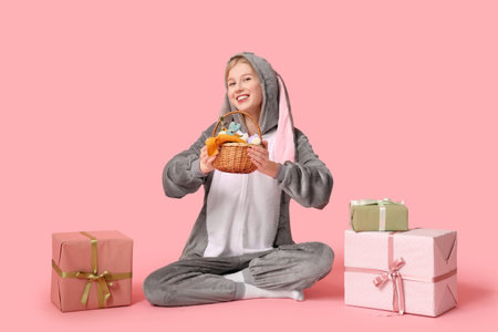 Beautiful young happy woman in bunny costume with gift boxes and wicker basket on pink background. Easter celebrationの写真素材