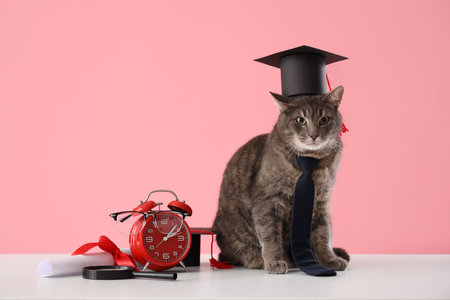 Cute gray cat with graduation hat, clock and diploma on table against pink background. End of school yearの写真素材