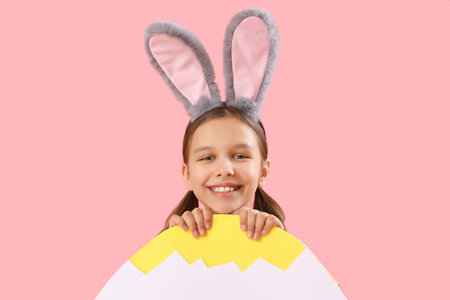 Cute little girl with Easter bunny ears and big paper egg on pink background
