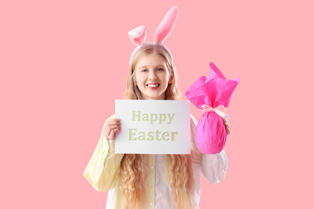 Young girl with Easter bunny ears, greeting card and gift on pink background