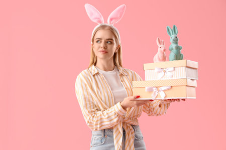 Young girl with Easter bunny ears, toy rabbits and gifts on pink backgroundの写真素材