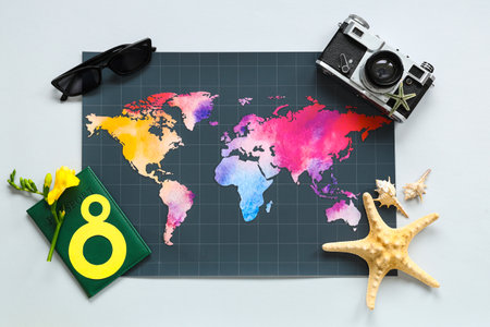 Composition with world map, photo camera, passport and sunglasses on gray background. International Women's Dayの写真素材
