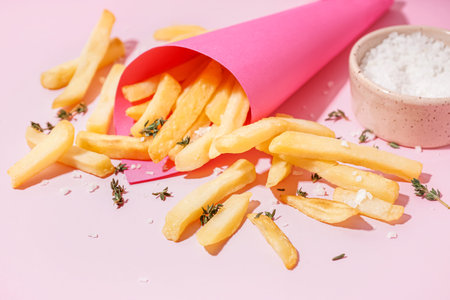 French fries in paper cone with salt and thyme on pink background