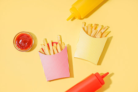 Paper boxes with French fries and sauces on yellow background