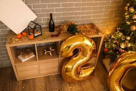Interior of messy living room after New Year partyの写真素材