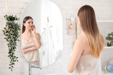 Young woman with acne problem near mirror in bathroomの写真素材
