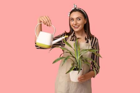 Portrait of happy young housewife in apron with watering can and houseplant on pink backgroundの写真素材