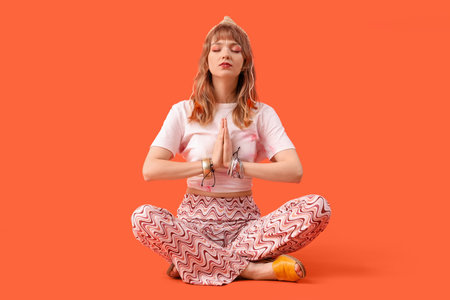 Female hippie meditating on orange backgroundの写真素材