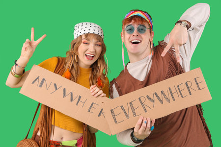 Couple of hippies holding cardboard sheets with words EVERYWHERE and ANYWHERE on green backgroundの写真素材