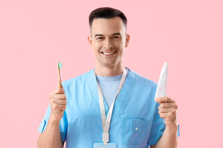 Male dentist with toothbrush and paste on pink background, closeup