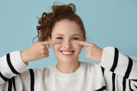 Portrait of pretty young girl pointing at her nose on blue backgroundの写真素材