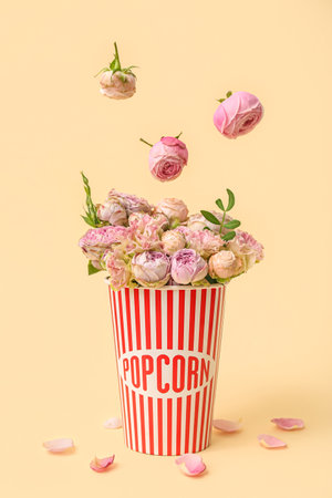 Paper popcorn bucket with beautiful flowers on color backgroundの写真素材