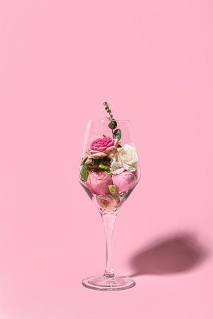 Wine glass with beautiful flowers on pink backgroundの写真素材