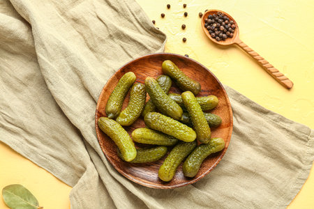 Wooden plate of tasty pickled cucumbers with peppercorn and bay leaf on yellow backgroundの写真素材