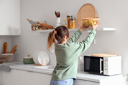 Pretty young woman with fruit basket in modern kitchen interiorの写真素材