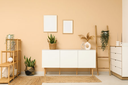 Modern white chest of drawers with houseplants and ladder near beige wall in room