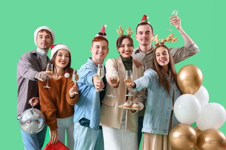 Group of friends with champagne and balloons on green background. New Year celebrationの写真素材