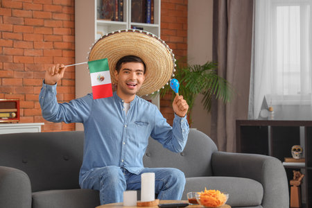 Young man in sombrero hat with Mexican flag at homeの写真素材