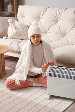 Young woman with plaid warming hands near radiator at homeの写真素材