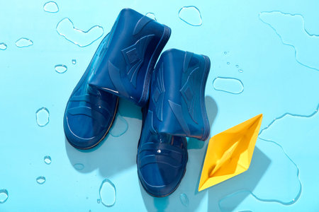 Stylish blue gumboots and paper ship in water on color backgroundの写真素材