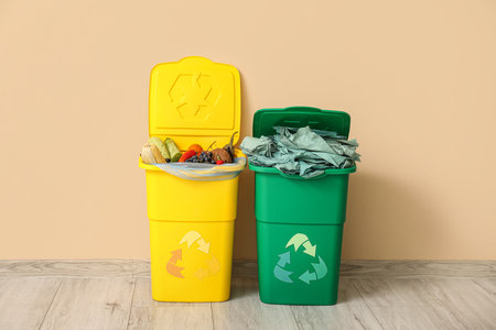 Containers for garbage with different trash near beige wall. Recycling conceptの写真素材