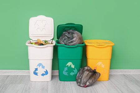 Containers for trash with food waste and full garbage bags near green wall. Recycling conceptの写真素材