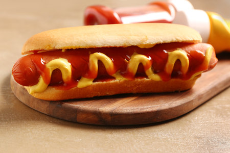 Wooden board with tasty hot dog on brown backgroundの写真素材