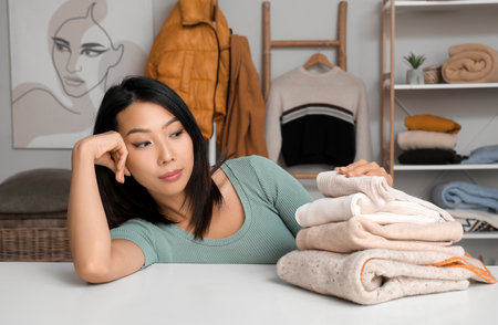Tired young woman with stack of clean clothes on table in laundry roomの写真素材