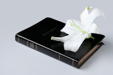 Beautiful lily flower and Holy Bible on gray backgroundの写真素材