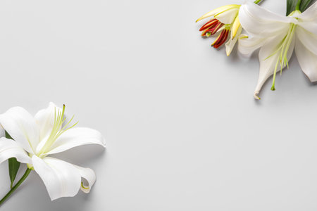 Frame made of beautiful lily flowers on gray backgroundの写真素材