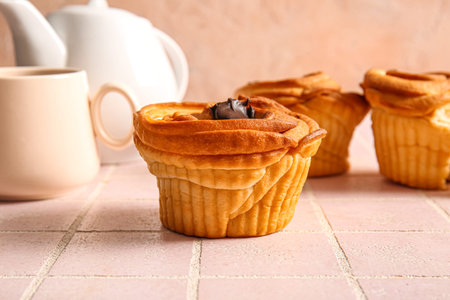Tasty cruffins with chocolate on table