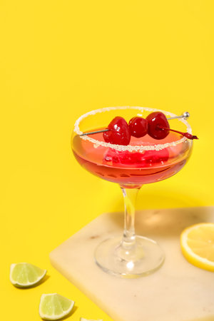 Glass of Cosmopolitan cocktail with cherries and lime on yellow backgroundの写真素材