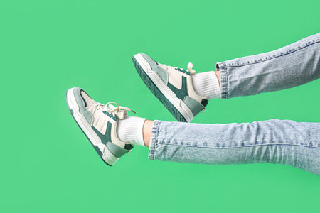 Legs of young woman in stylish sneakers on green backgroundの写真素材