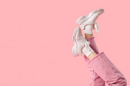 Legs of young woman in stylish white sneakers on pink backgroundの写真素材