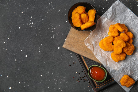 Baking paper and bowl of tasty nuggets on black backgroundの写真素材