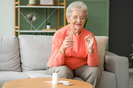 Senior woman with pill and glass of water at homeの写真素材