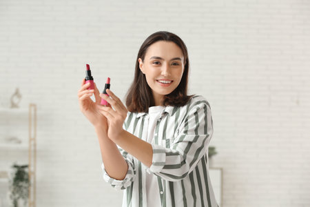 Beautiful young woman with lipsticks in dressing roomの写真素材