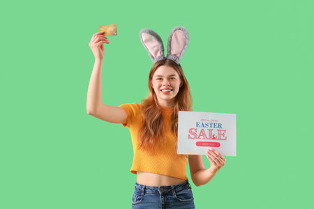 Young woman in bunny ears holding paper with text EASTER SALE and credit card on green backgroundの写真素材