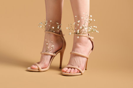 Legs of beautiful young woman in beige ankle straps shoes with white gypsophila flowers on beige backgroundの写真素材