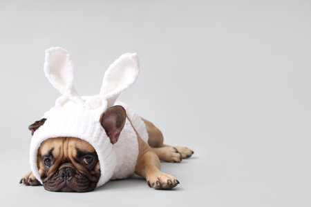 Cute French bulldog in bunny costume on gray background. Easter celebrationの写真素材