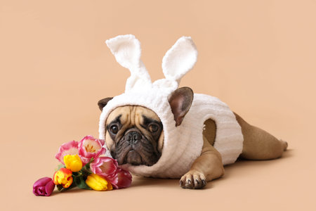 Cute French bulldog in bunny costume and beautiful tulips on brown background. Easter celebration