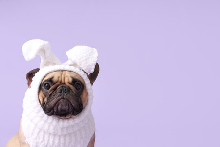 Cute French bulldog in bunny costume on lilac background. Easter celebrationの写真素材