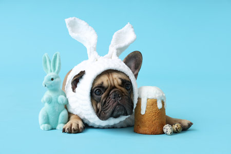 Cute French bulldog in bunny costume with toy rabbit and Easter cake on blue backgroundの写真素材