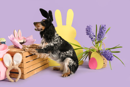 Cute cocker spaniel in bunny ears with Easter cakes, beautiful flowers, paper eggs and rabbit on lilac backgroundの写真素材