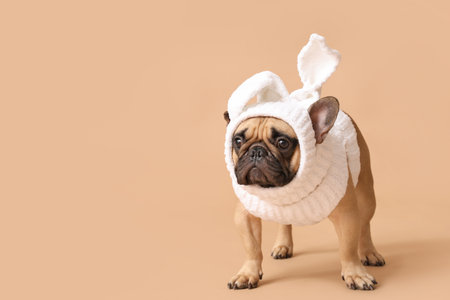 Cute French bulldog in bunny costume on brown background. Easter celebrationの写真素材