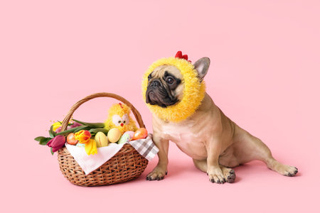 Cute French bulldog in chick hat and wicker basket with Easter eggs, toy and beautiful tulips on pink backgroundの写真素材
